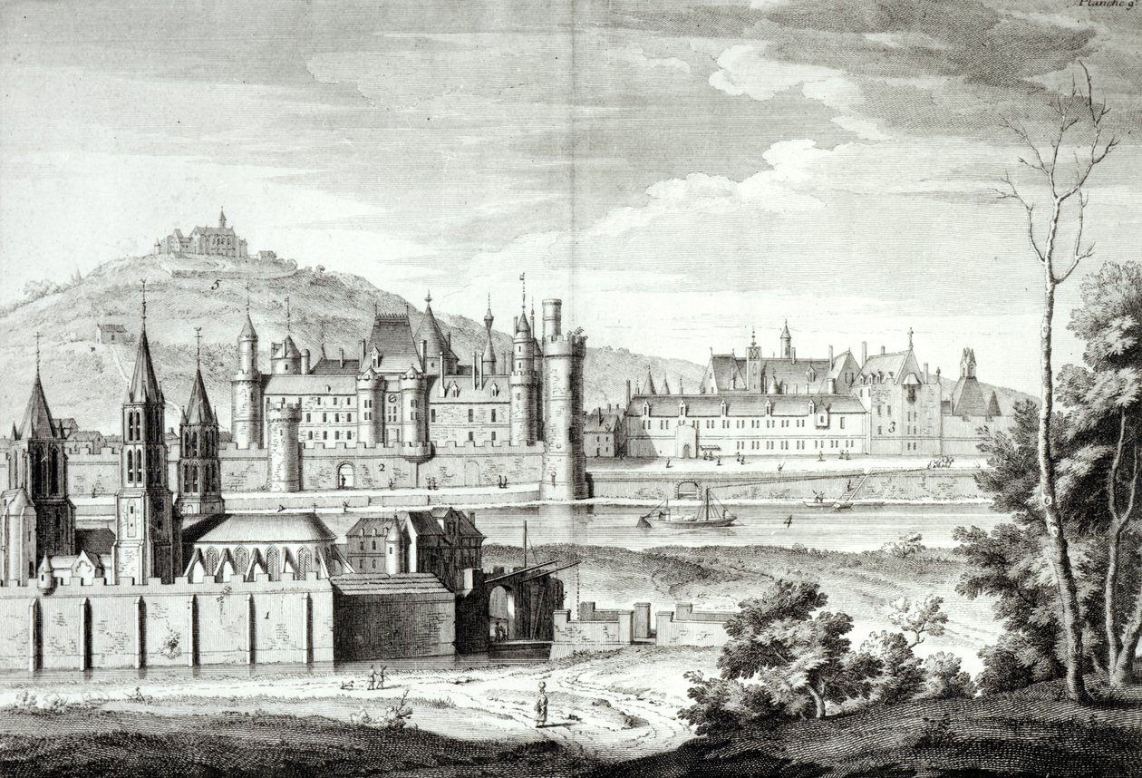 View of the Abbey of Saint-Germain-des-Pres, the Louvre, Petit Bourbon, Montmartre and the Seine in 1410, engraved by Antoine Herisset by Jean Chaufourier