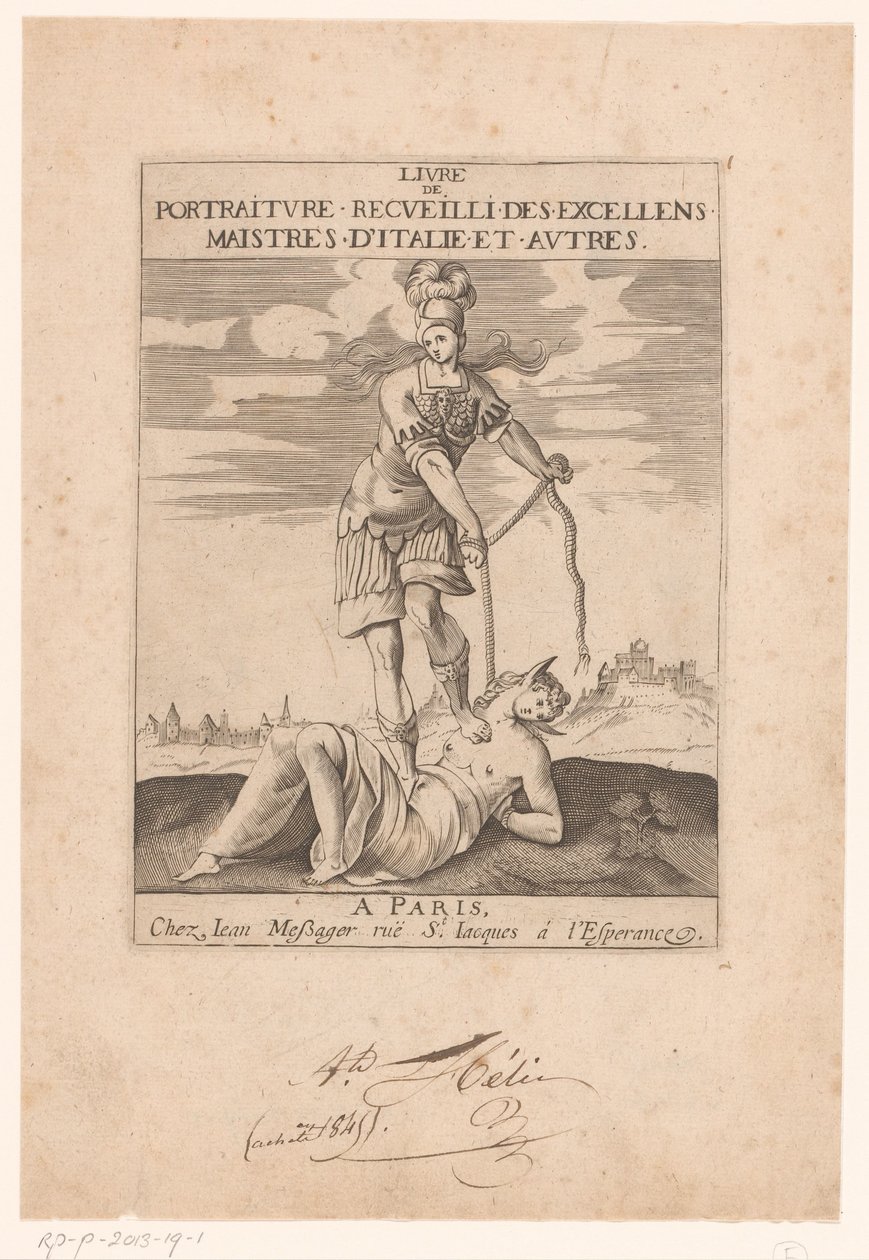 Minerva Binding Stupidity with a Rope (Title Page for: s.n., Livre de Portraiture Receuilli des Excellens Maistres d’Italie et Autres, ca. 1627) by Jean Dubrayet