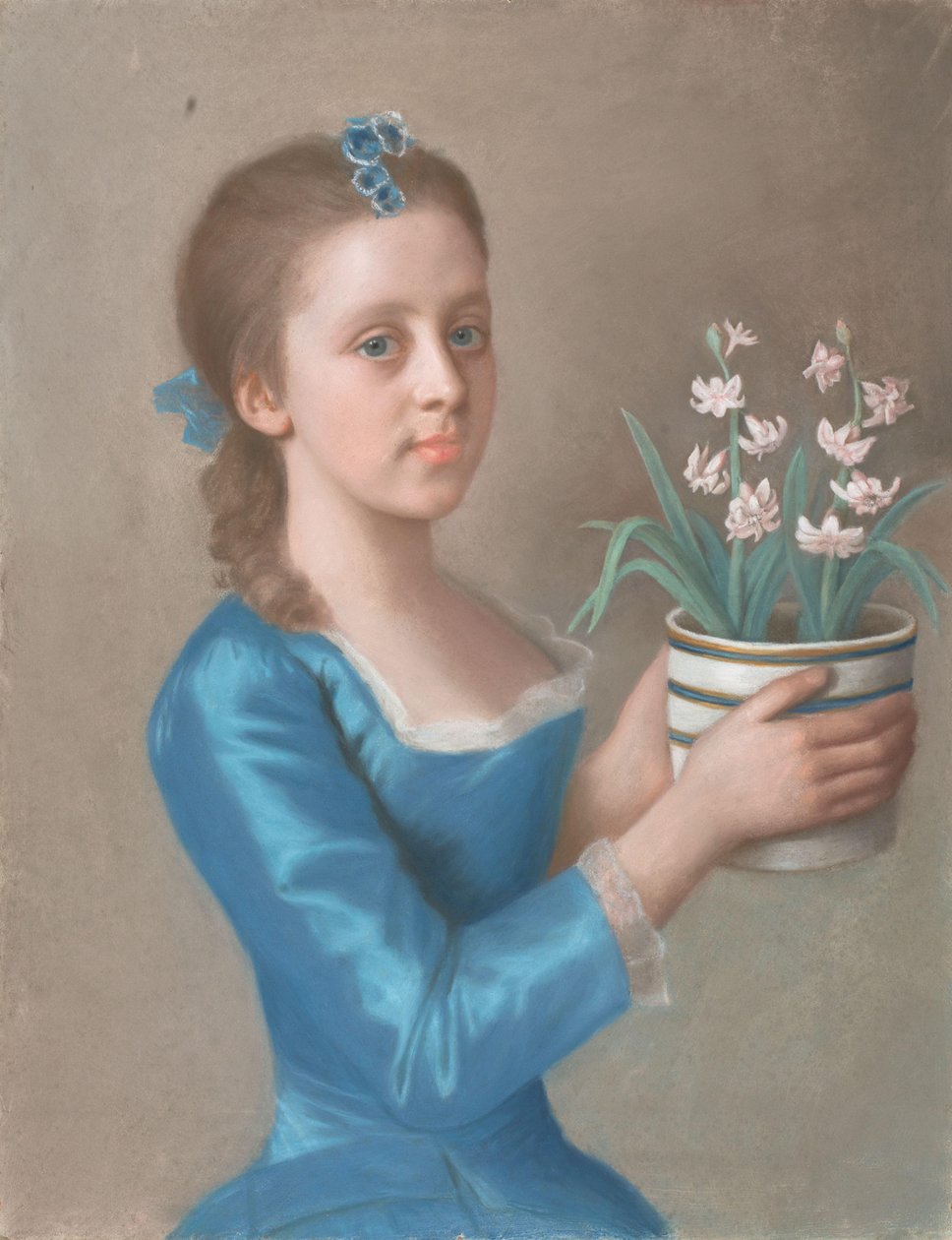 Young Girl Holding a Pot of Hyacinths (possibly a portrait of Lady Caroline Russell, later Duchess of Marlborough) by Jean Étienne Liotard
