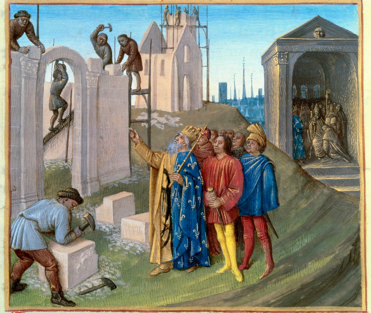 Construction of the palace of Aachen (796-805) by Charlemagne who oversees the construction site. On the right, Pepin the Humpback becoming a monk. Miniature from 