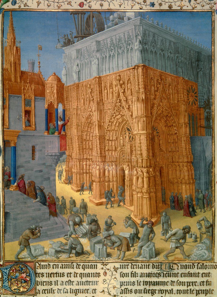 King Solomon's construction of the Jerusalem Temple. The king attends ...