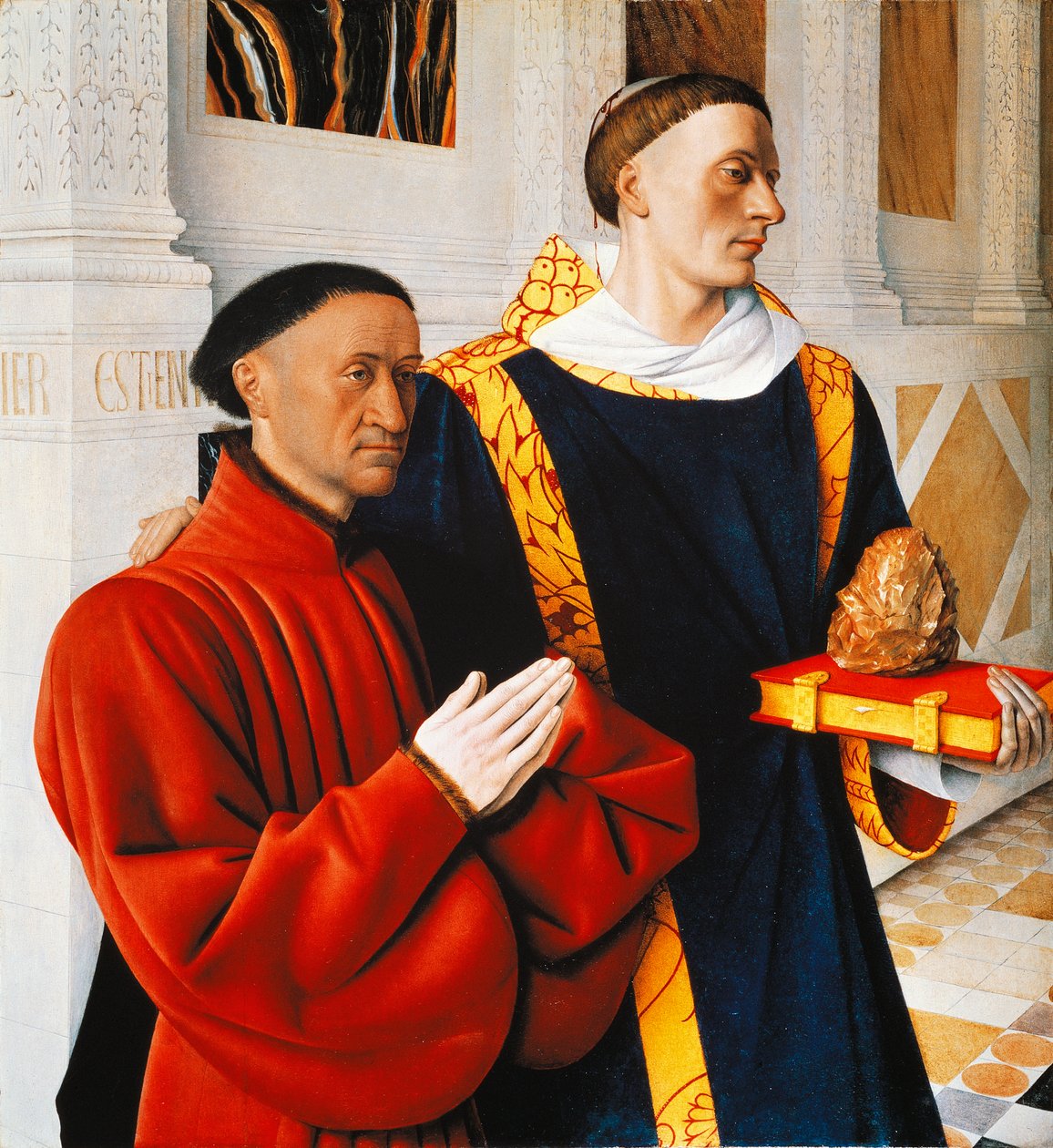 Left hand panel of the Melun Diptych: Etienne Chevalier with his patron saint St Stephen by Jean Fouquet