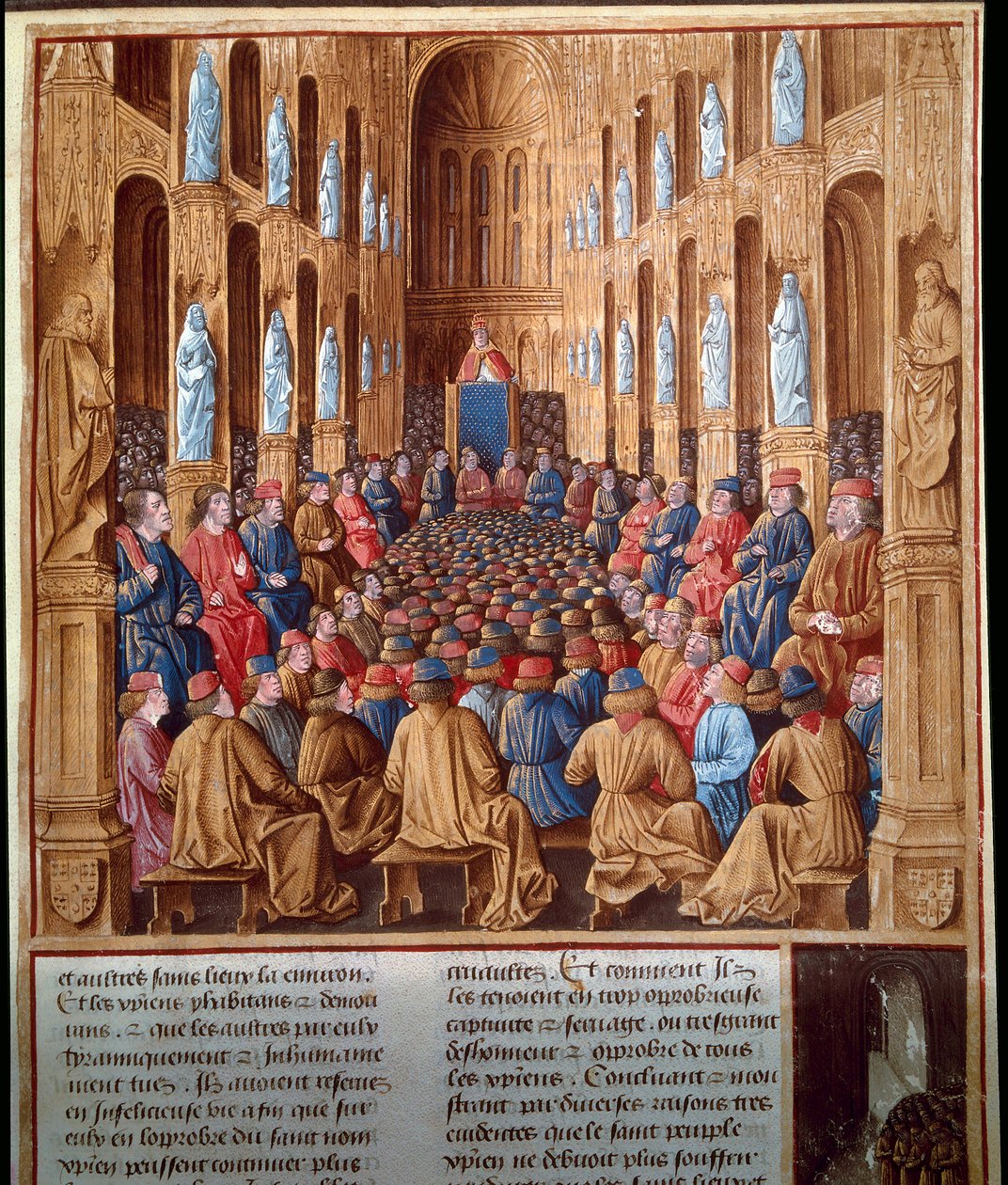 Pope Urban II preaching the first crusade at the Council of Clermont, France, uniting knights, nobility and cardinals by Jean Fouquet