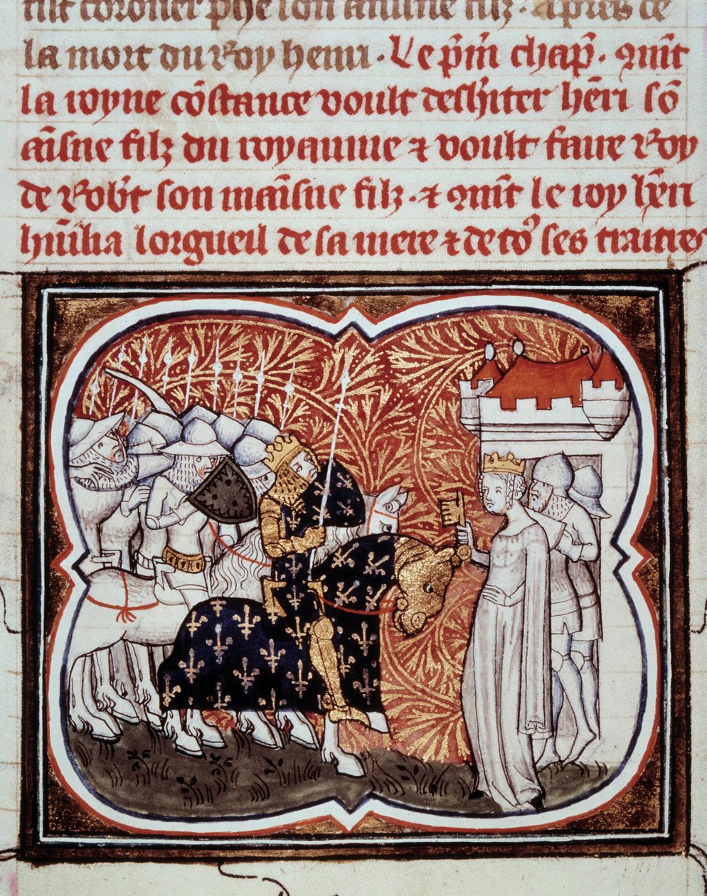 Queen Constance of Arles surrenders to her son Henry I King of France. Miniature from Les Grandes Chroniques de France by Jean Fouquet, Paris, BN by Jean Fouquet