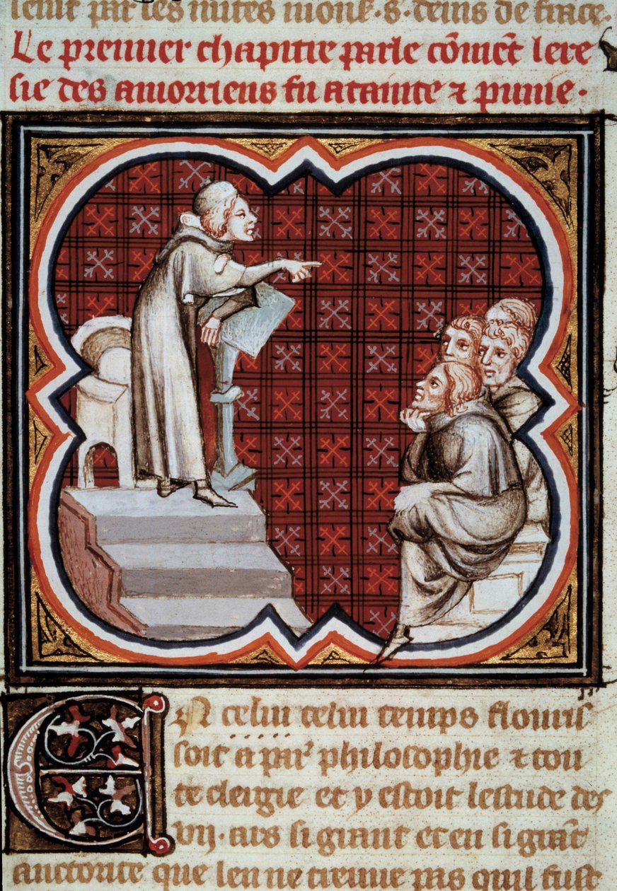 The French philosopher and theologian Amaury de Chartres (or Amaury de Bene or Amalricus de Bene) in front of his disciples (the Amauricians). Miniature from Les Grandes Chronicles de France illuminated by Jean Fouquet by Jean Fouquet