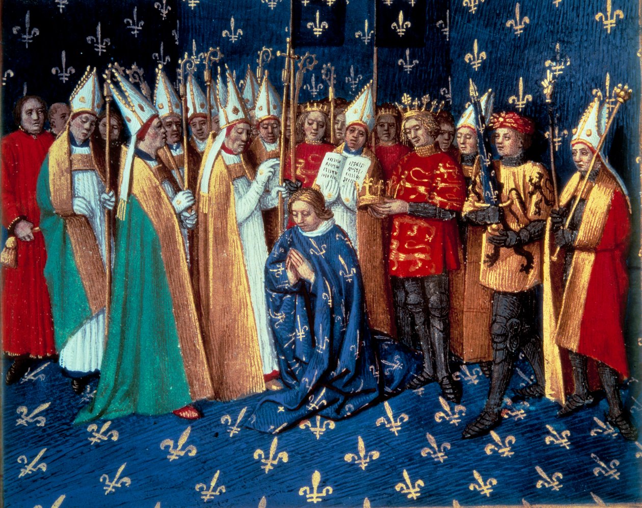 The coronation of Philippe Auguste in Reims on 1/11/1179. Miniature from Chronicles of Saint Denis by Jean Fouquet (1420-1481) by Jean Fouquet