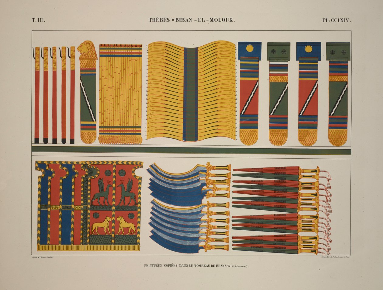 Various Egyptian Arms and Weapons, Thebes, Biban-el-Molouk, Illustration from Monuments de L