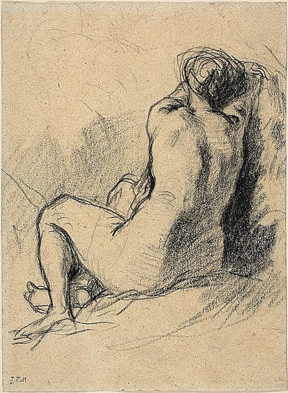 Study: Nude Woman Seen from the Back (recto) Sketches of Peasants Working (verso) by Jean-Francois Millet