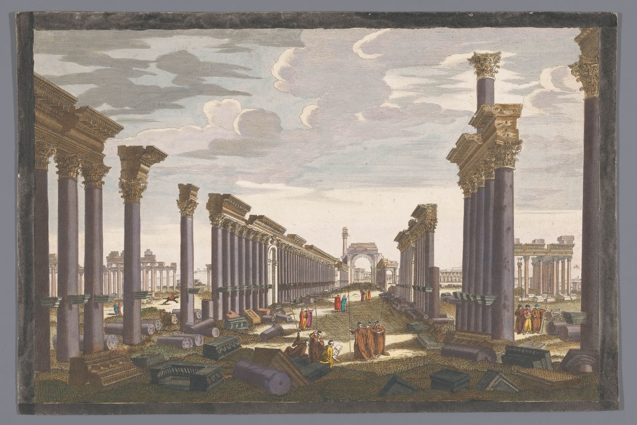 View of the ruins of the arch of the colonnade in Palmyra, seen from the west (12th View of the ruins of the grand temple of Palmyra from the west side) by Jean François Daumont