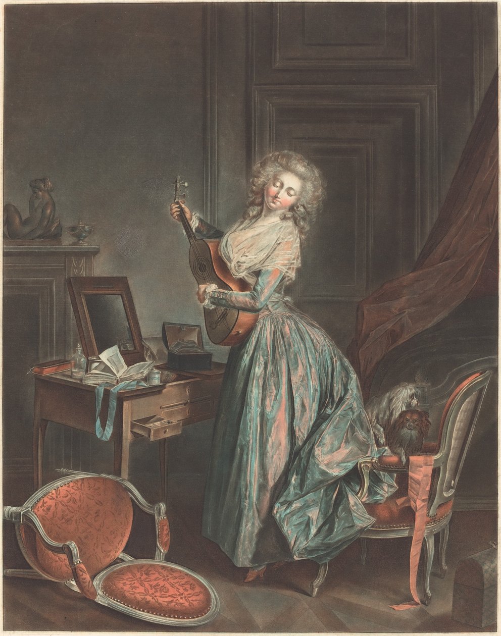 A Woman Playing the Guitar by Jean François Janinet after Nicolas Lavreince