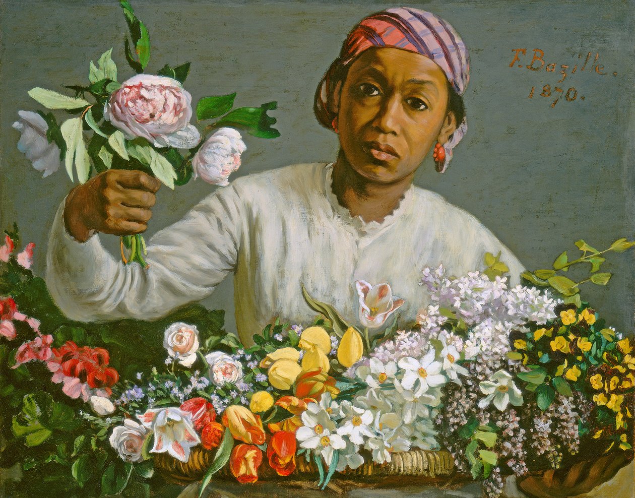 Young Woman with Peonies by Jean Frederic Bazille