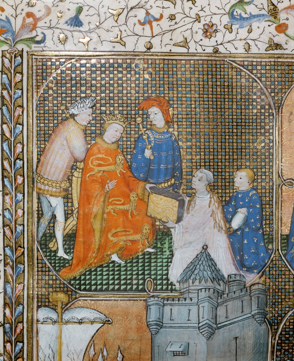 Historian Froissart on his knees, clad in clerical garb, presents his Chronicles of the Hundred Years War to Edward III by Jean Froissart