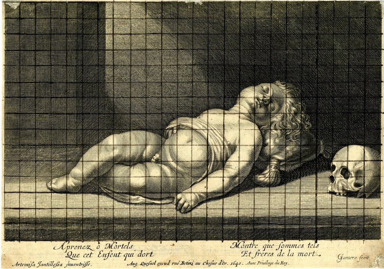 Child Sleeping with His Head Resting on a Cushion; Skull on the Right. 1640 by Jean Ganière