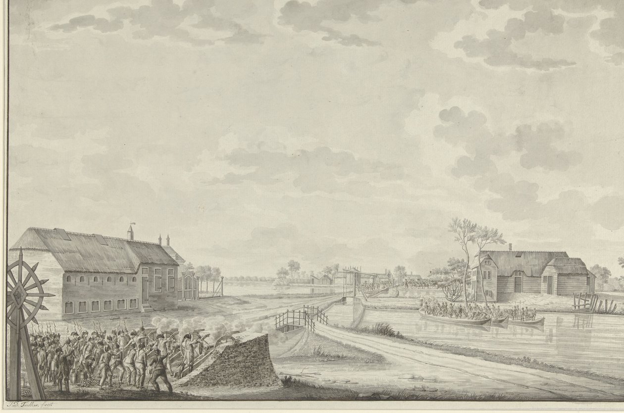 Attack of the Prussians under Colonel Van Borstel on the Duivendrecht Bridge, October 1, 1787 by Jean George Teissier (signed by artist)