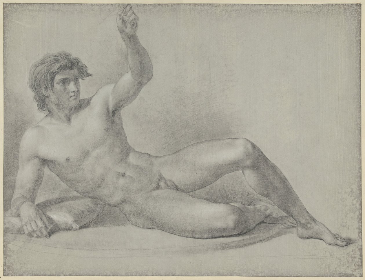 Reclining Male Nude, Half Sitting, Leaning on the Right Arm by Jean Grandjean