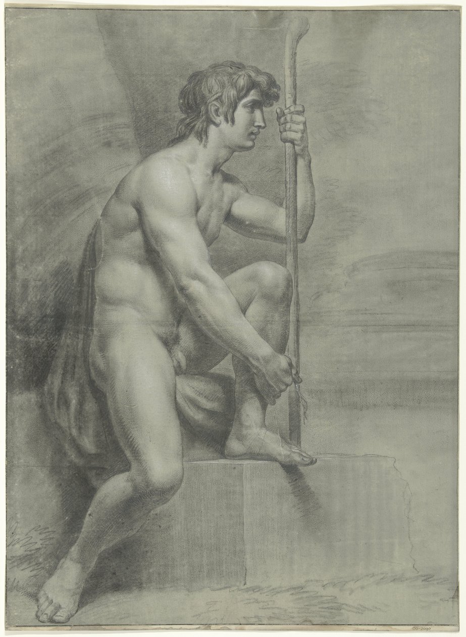 Seated Male Nude with Staff and Raised Left Leg by Jean Grandjean