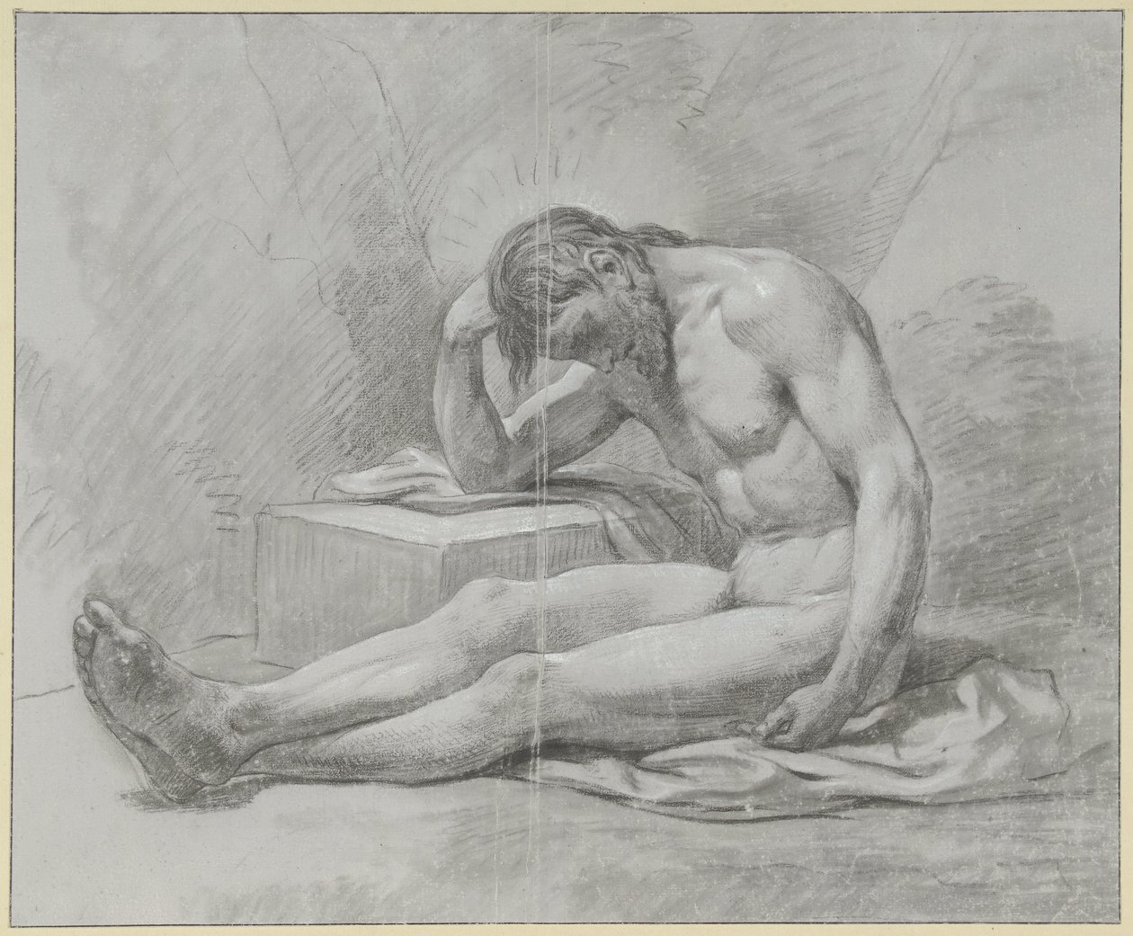 Sitting Male Nude, on the Ground, Leaning on a Block with Right Arm by Jean Grandjean