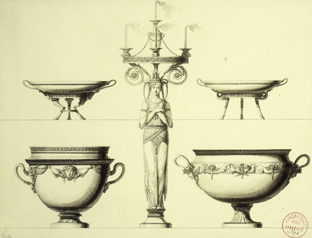 Design for a Candelabrum in the Form of a Woman, Two Silver Cups and Two Silver Dishes by Jean Guillaume Moitte