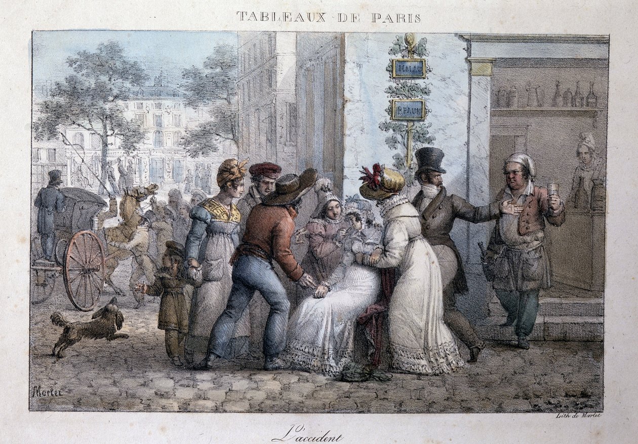 Old street scene in Paris: the accident (woman supported by passers-by). Engraving by Jean Henry Marlet (1771-1847) in Les Tableaux de Paris, series of 72 prints, late 19th century. by Jean Henri Marlet