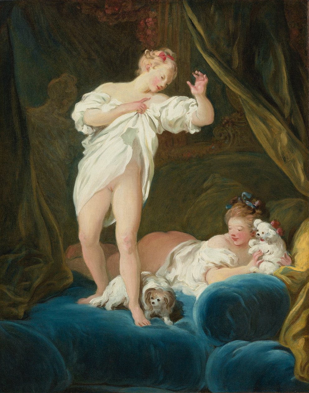 Two Girls on a Bed Playing with Their Dogs by Jean Honore Fragonard