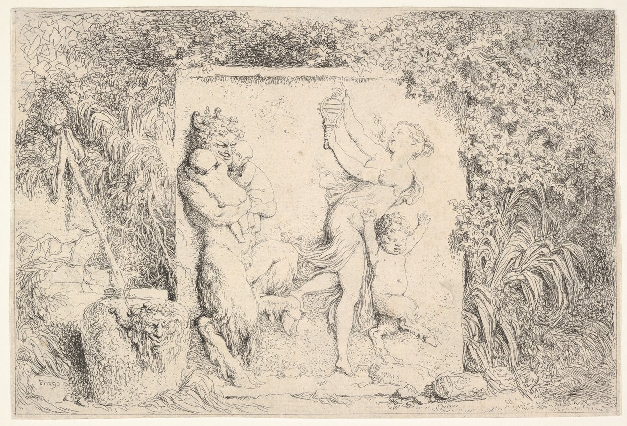 A bas-relief depicting a satyr at left holding two infants, another child satyr to right... by Jean Honore Fragonard