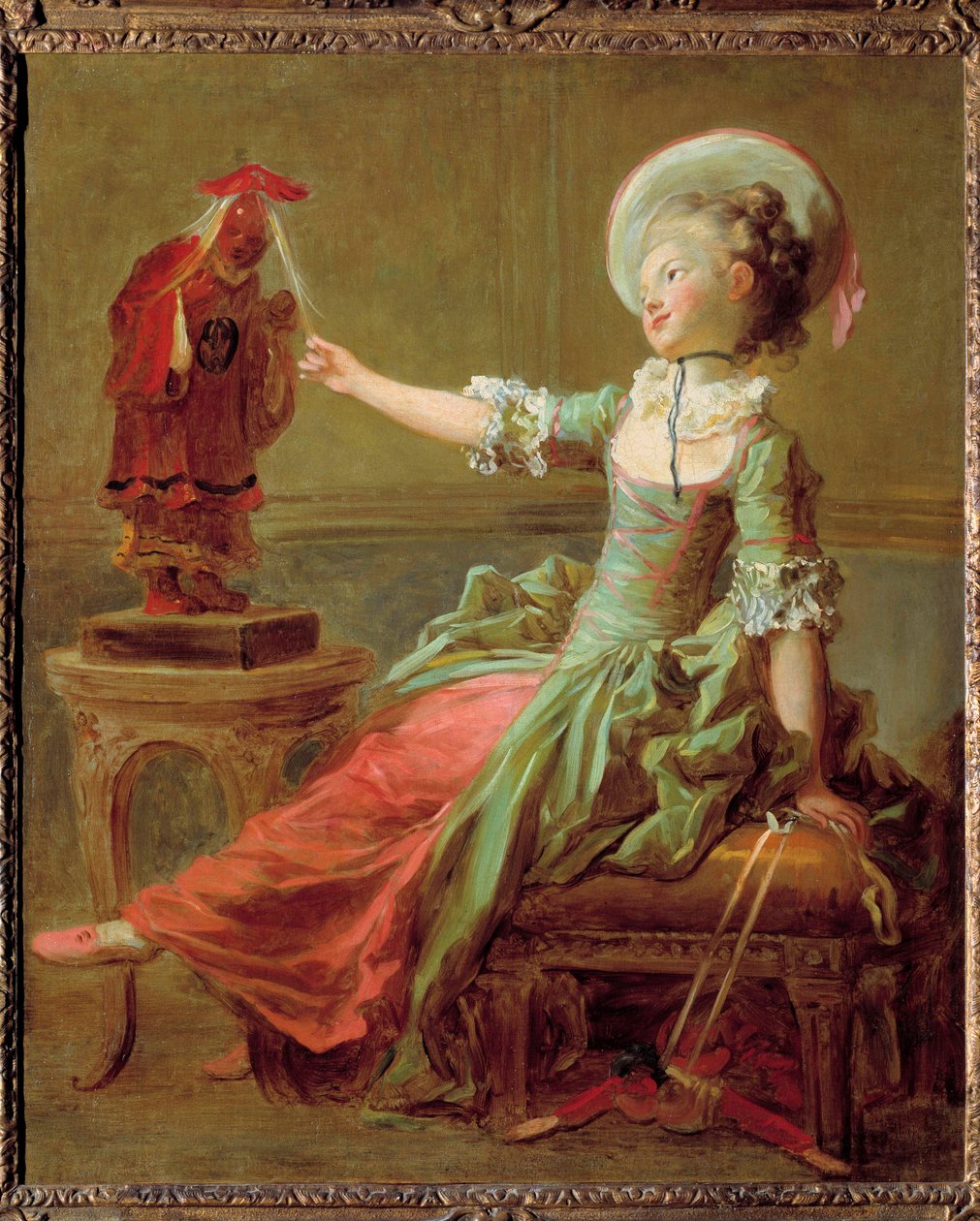 A young girl has fun with a Chinese statue pulling her hair by Jean Honore Fragonard