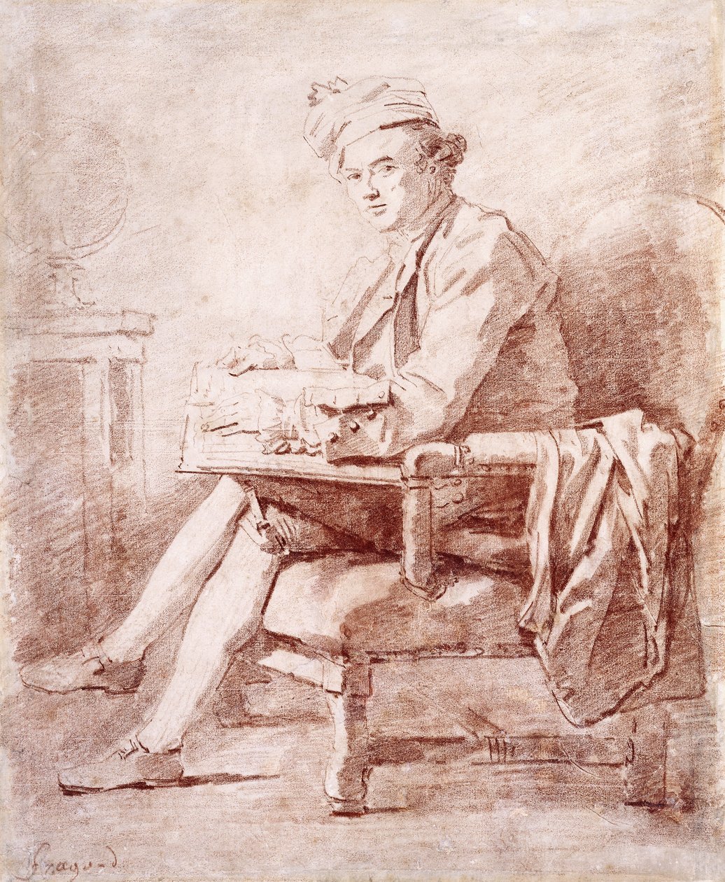 Portrait of Joseph-Jerome Le Francais de Lalande, Full-Length, Seated, in Profile to the Left, Holding a Book, a Globe Resting on a Table at the Left by Jean Honore Fragonard