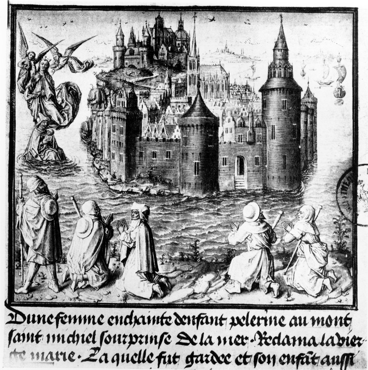 Pregnant woman on a pilgrimage to Mont Saint-Michel is caught by the tide but miraculously saved through the intervention of the Virgin Mary by Jean I Le Tavernier