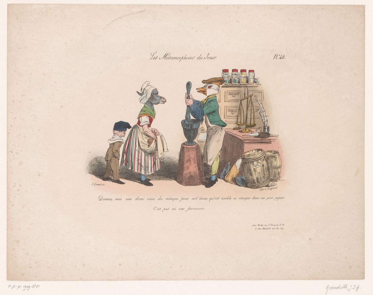 Donkey Ordering from a Duck in a Grocery Store by Jean Ignace Isidore Gérard Grandville