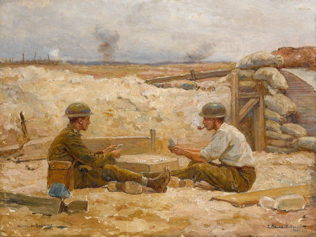 Two British officers playing cards outside their dugout, Secteur de Bapaume by Jean Jacques Berne Bellecour