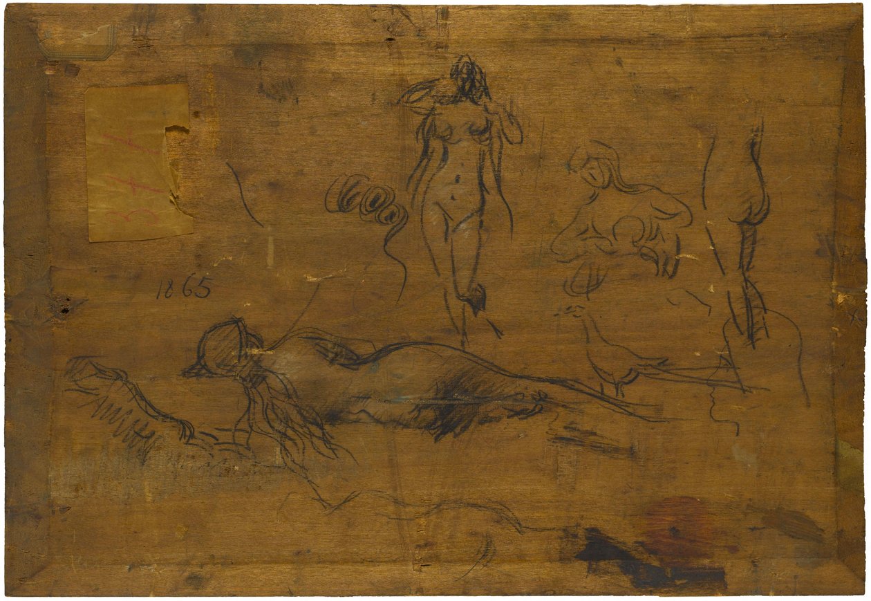 Girl with Blue Ribbon (recto) / Five nude studies, a peacock and a head in profile (verso) by Jean Jacques Henner