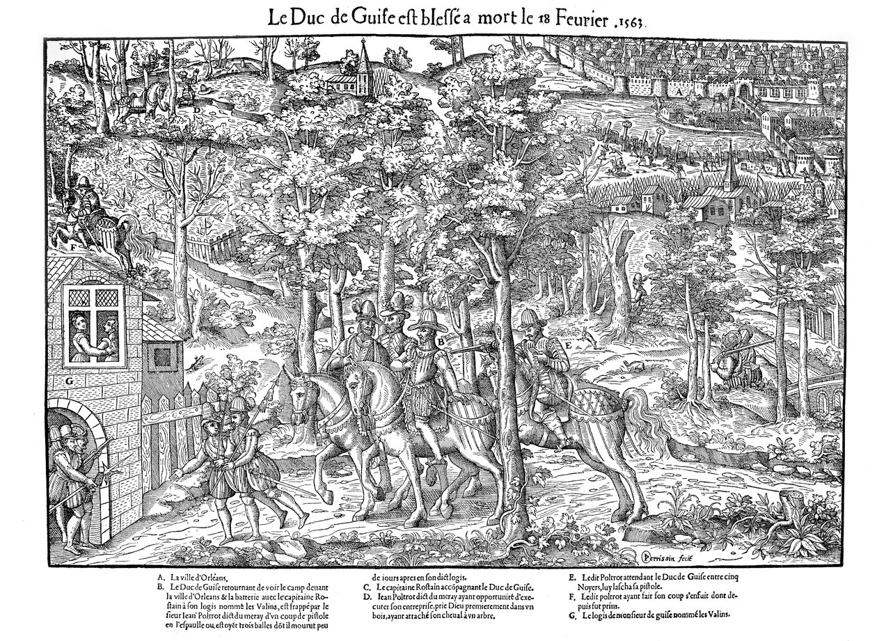 Murder of Francois de Lorraine, Duc de Guise, French Religious Wars, 18 February 1563 by Jean Jacques Perrissin