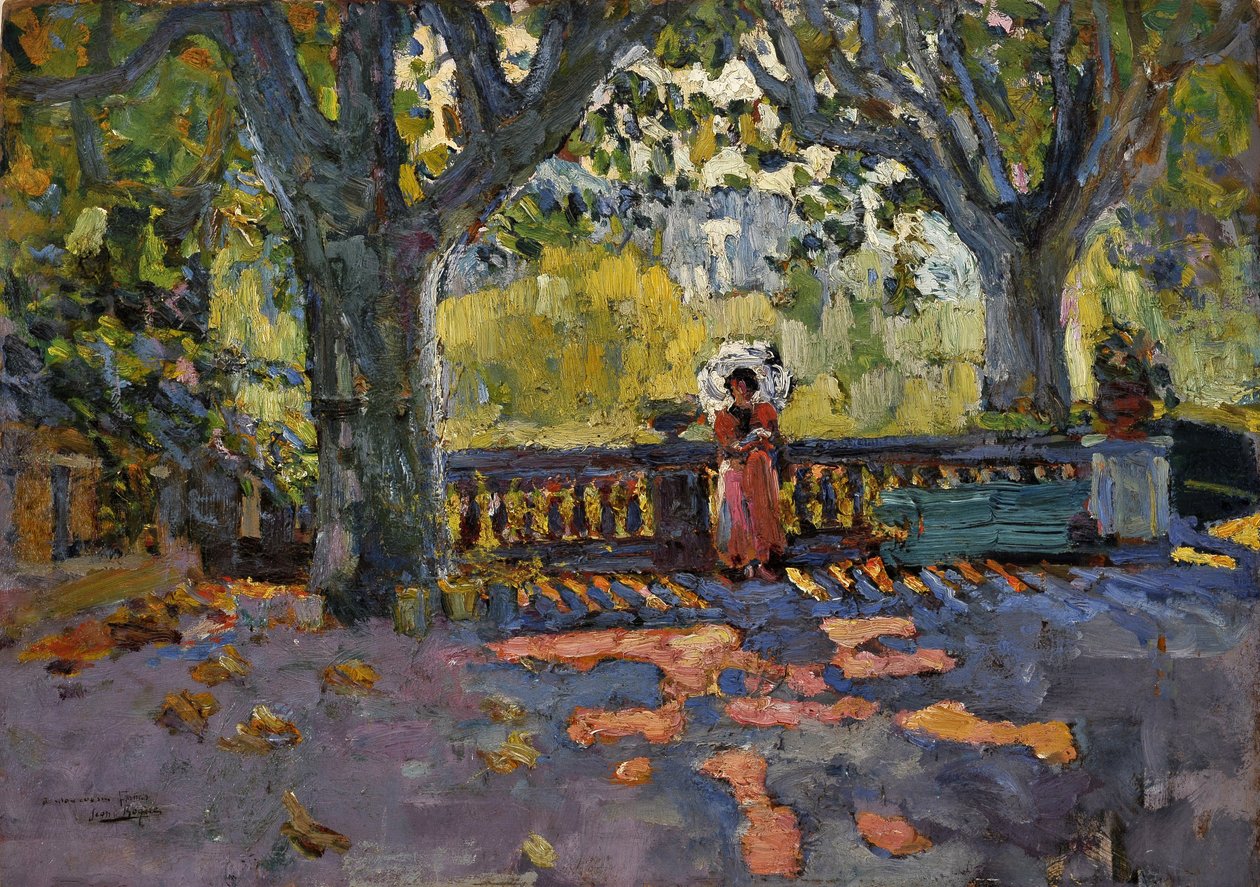 Young woman has the umbrella on the shaded terrace by Jean Jacques Roque