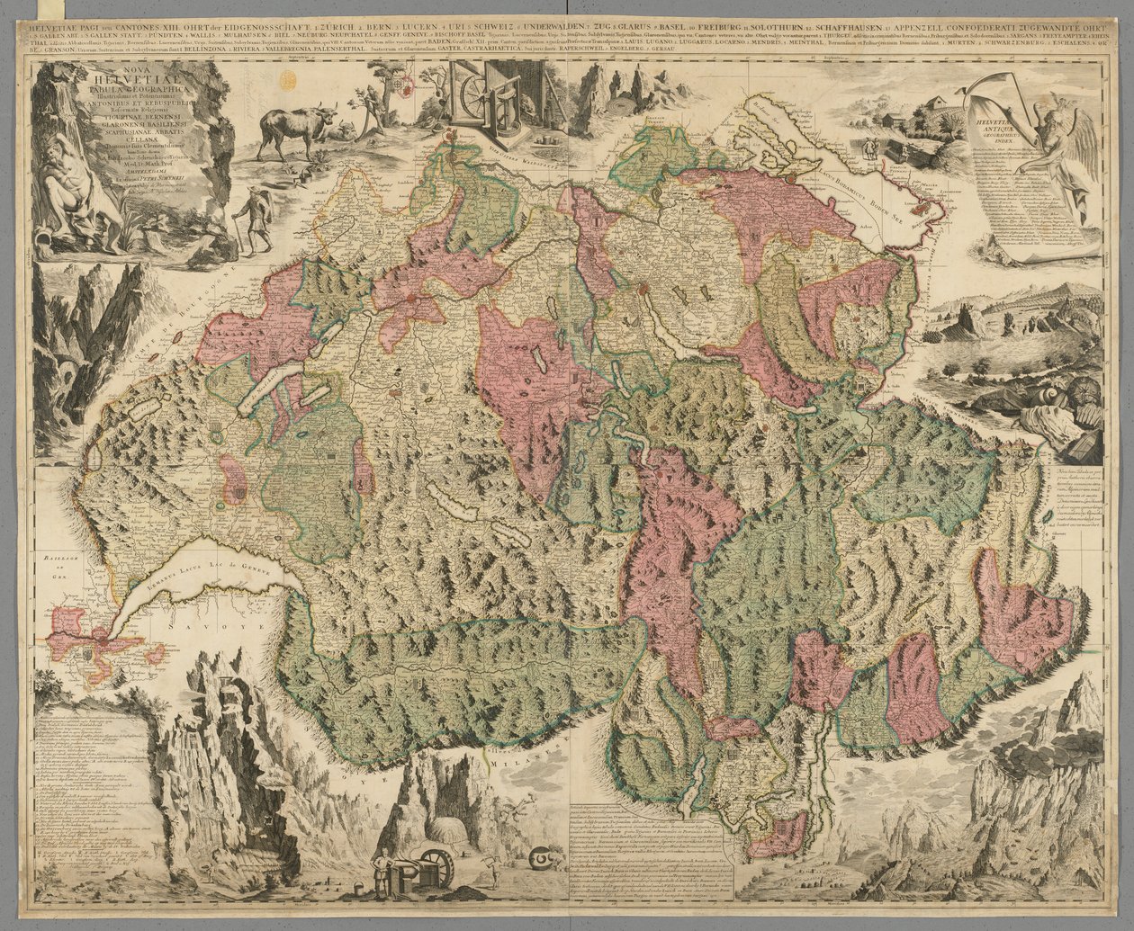 Nova Helvetiae tabula geographica illustrissimis et potentissimis cantonibus et rebuspublicis reformatae religionis Tigurinae, Bernensi, Glaronensi, Basiliensi, Scaphusianae, Abbatis Cellanae, c.1712 by Jean Jacques Scheuchzer