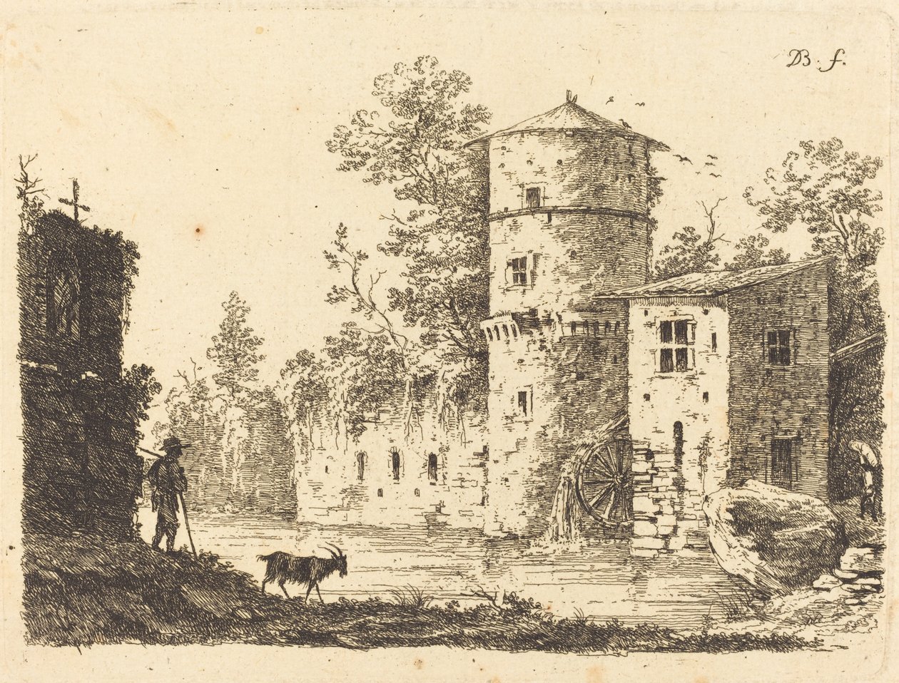 Ancient Tower with a Water Mill by Jean Jacques de Boissieu