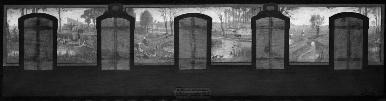 Sketch for Fresnes town hall: The banks of the Bièvre. Fresnes. On the banks of the Bièvre. The laundresses. Flour sorters. The tenant farms. The beet harvest by Jean Joseph Enders