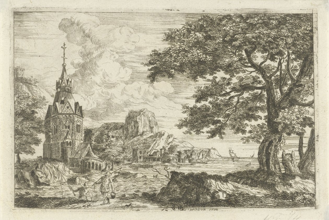 Fishermen by a Church on a Coast by Jean Joseph Hanson