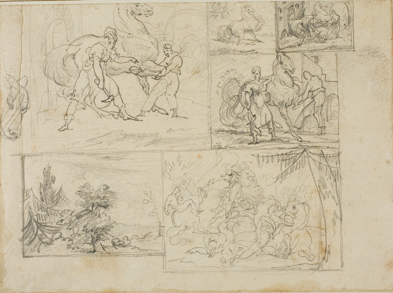 Three Studies with Sketches of a Wooded Landscape and a Cavalry Battle by Jean Louis André Théodore Géricault