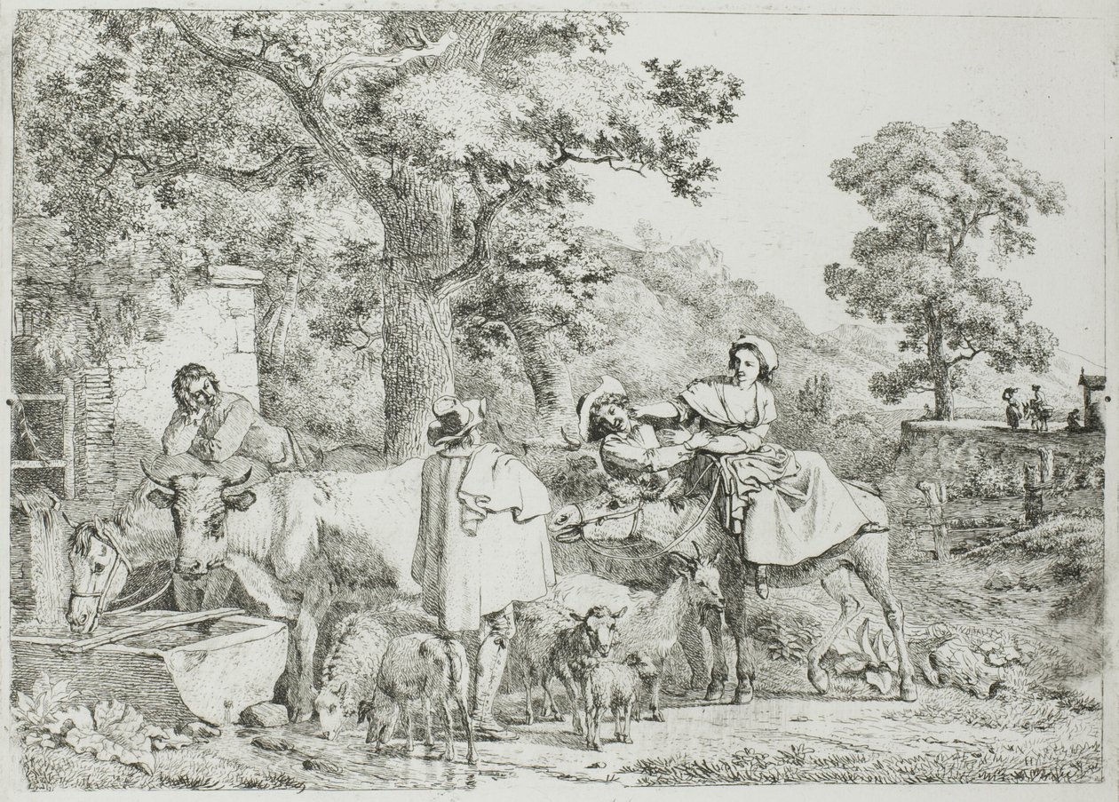 Cow and Horse at the Trough by Jean Louis De Marne