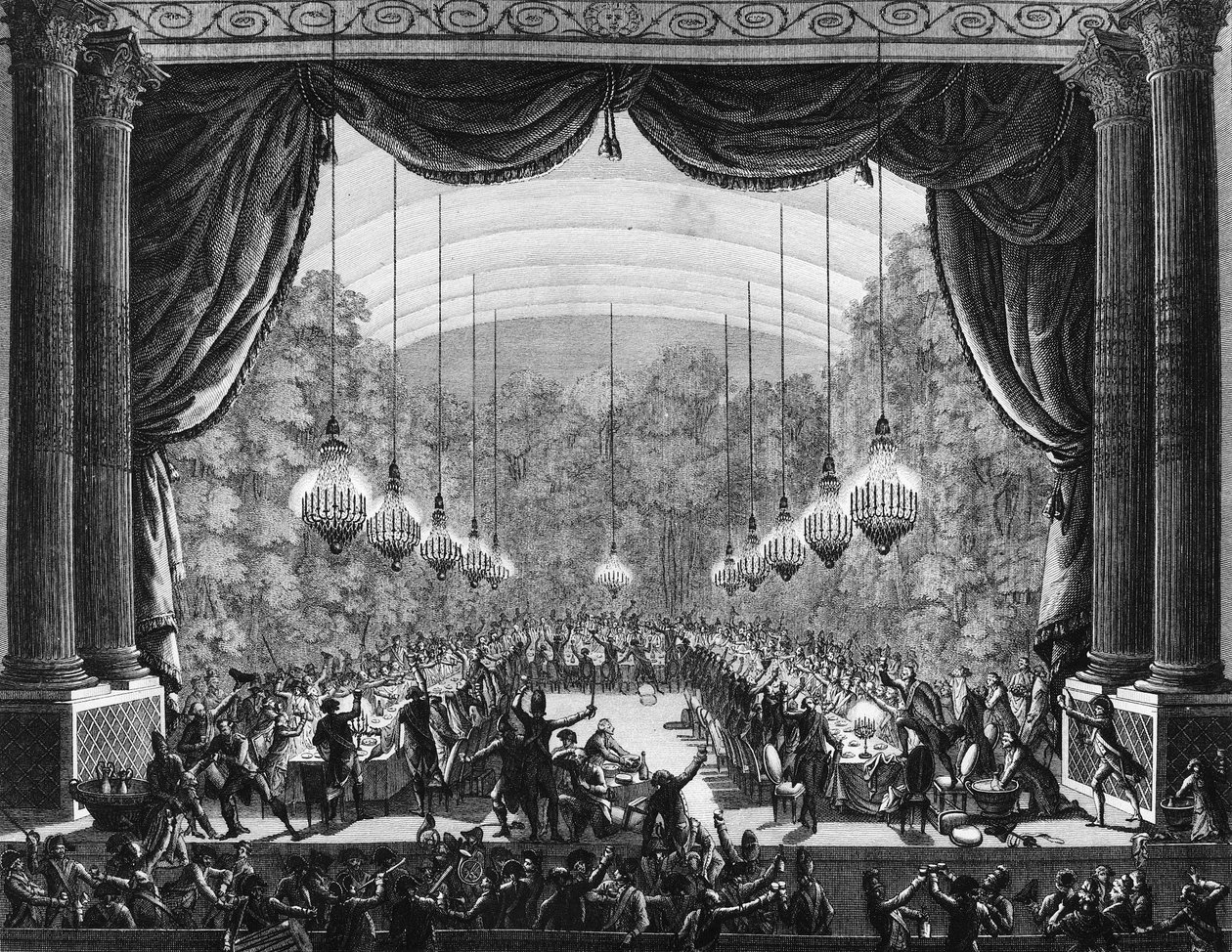 French Revolution: Banquet of the bodyguards on 1 October 1789 in the opera room of the castle of Versailles by Jean Louis II (after) Prieur