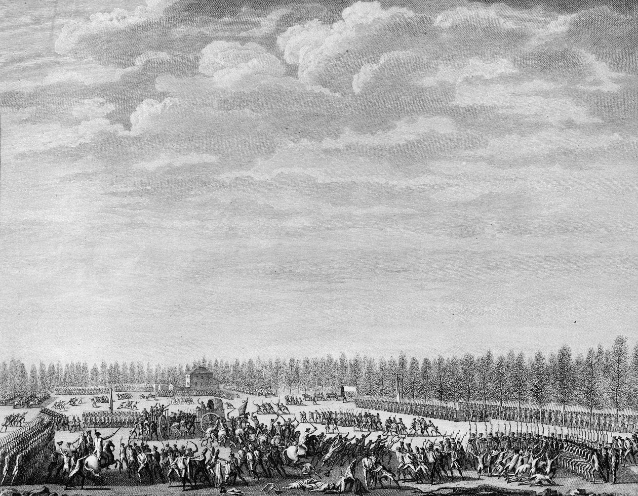 French Revolution: Gilbert du Motier, Marquis de la Fayette (1757-1834) had two hundred soldiers disarmed for indiscipline at the Champs Elysees in Paris on 12 January 1790. Engraving by Berthaut after Prior. Paris, Library of the Institute of History of R by Jean Louis II (after) Prieur