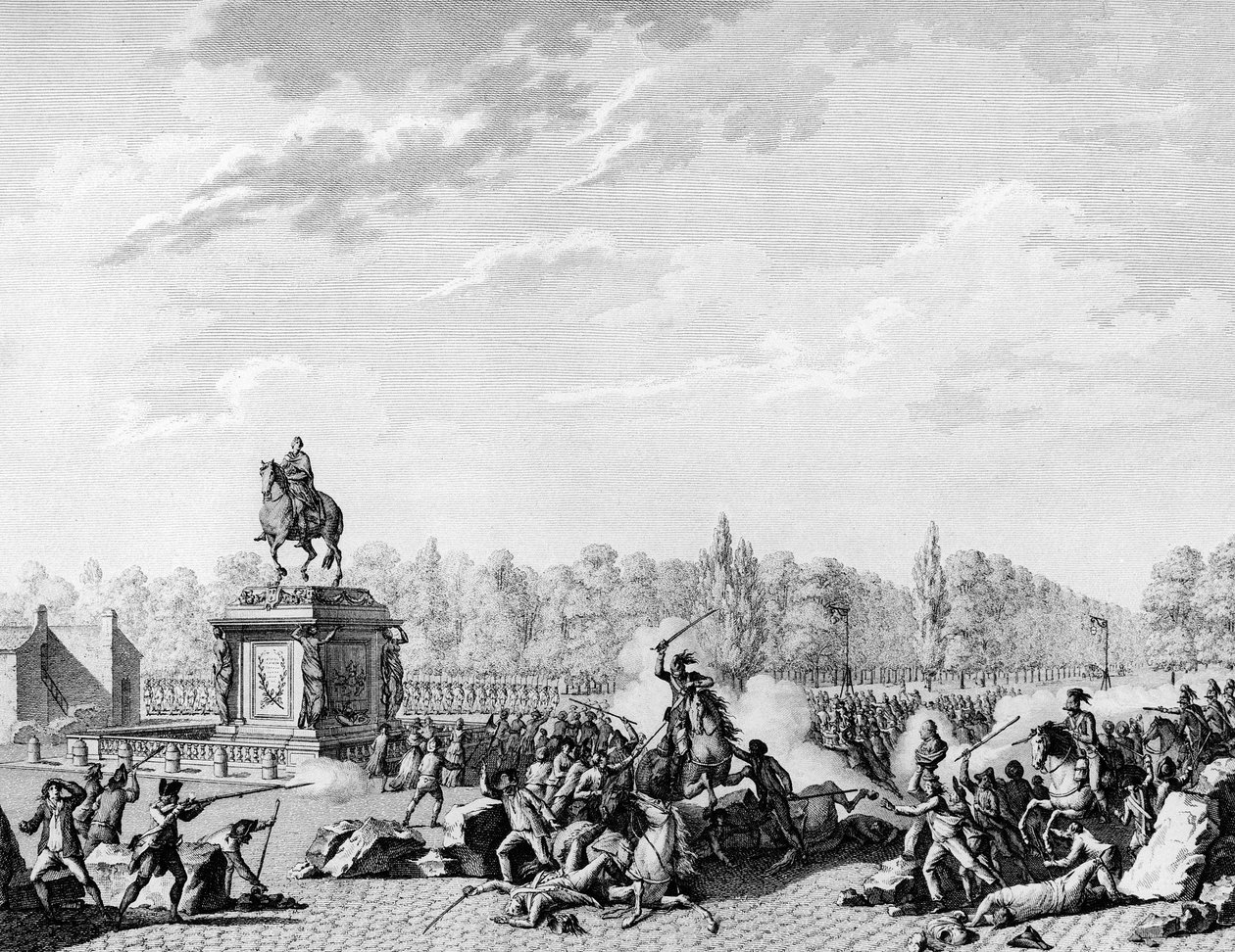 French Revolution: Place Louis XV, the dragons of Charles Eugene de Lorraine, Prince of Lambesc (1754-1825) loaded a cortege carrying the busts of Jacques Necker (1732-1804) and the Duke of Orleans on 12 July 1789. Engraving by Berthaut after Prior. Paris by Jean Louis II (after) Prieur