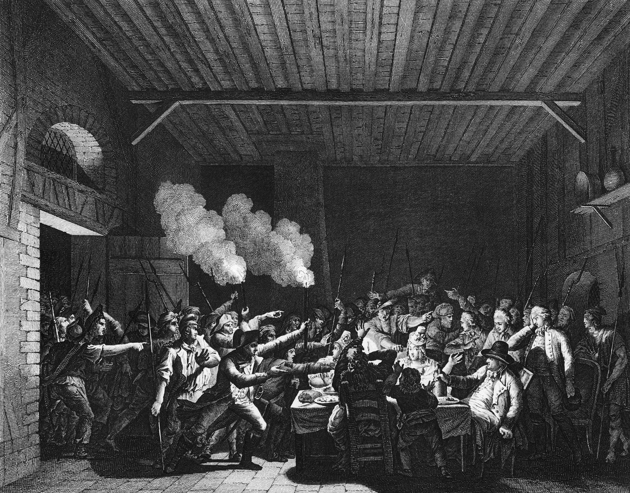 French Revolution: The Patriots of Varennes enter the Grocer Sauce and recognize King Louis XVI on flight by Jean Louis II (after) Prieur