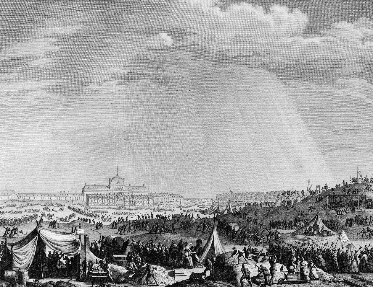 French Revolution: Works of the Champs de Mars in Paris for the feast of the Federation on July 14 by Jean Louis II (after) Prieur