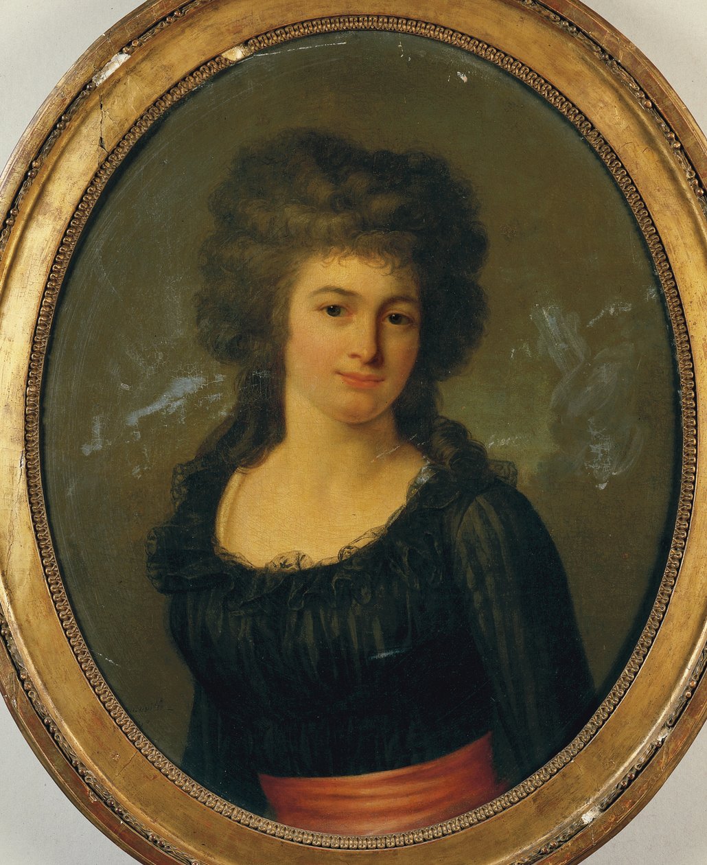 Portrait of a gentlewoman in a black dress with red sash by Jean Louis Laneuville