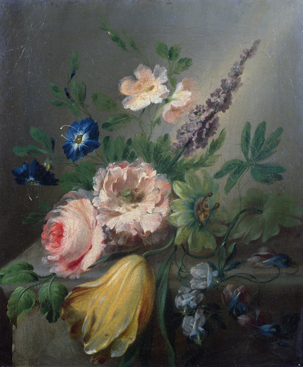 Still life of roses, passion flowers, a tulip and other flowers on a stone ledge by Jean Louis Prevost