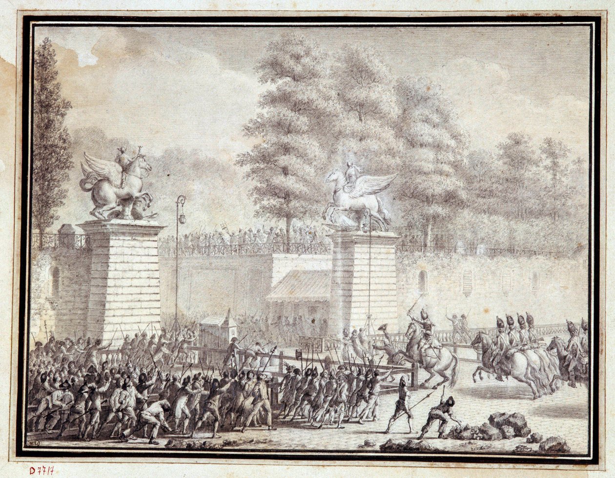 Monsieur de Lambesc entering the Tuileries with a detachment from the Royal German Regiment on 12 July 1789 by Jean Louis the Younger Prieur