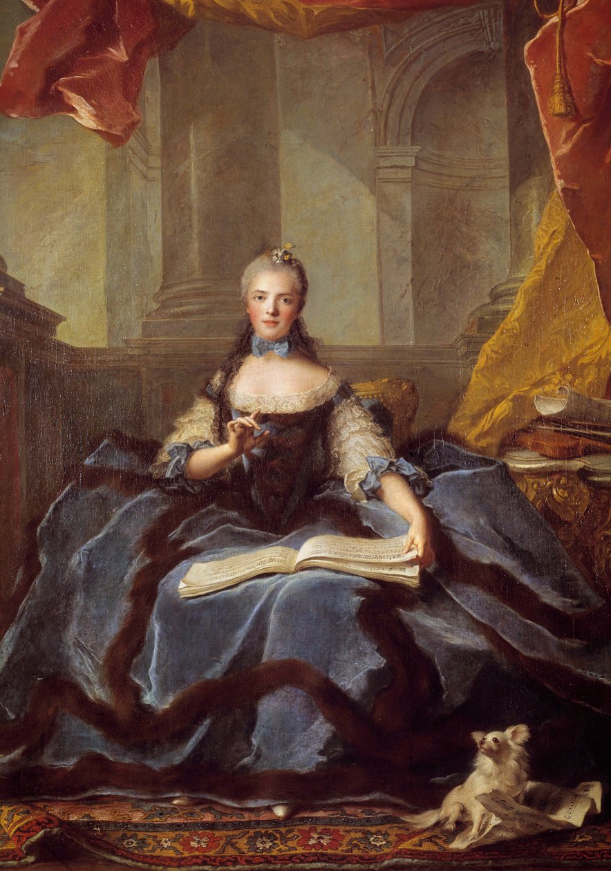 Portrait of Marie Adelaide of France known as Madame Adelaide (1732-1799), daughter of Louis XV and Marie Leszczynska represented in 1758, in court dress, holding a book of music by Jean Marc Nattier