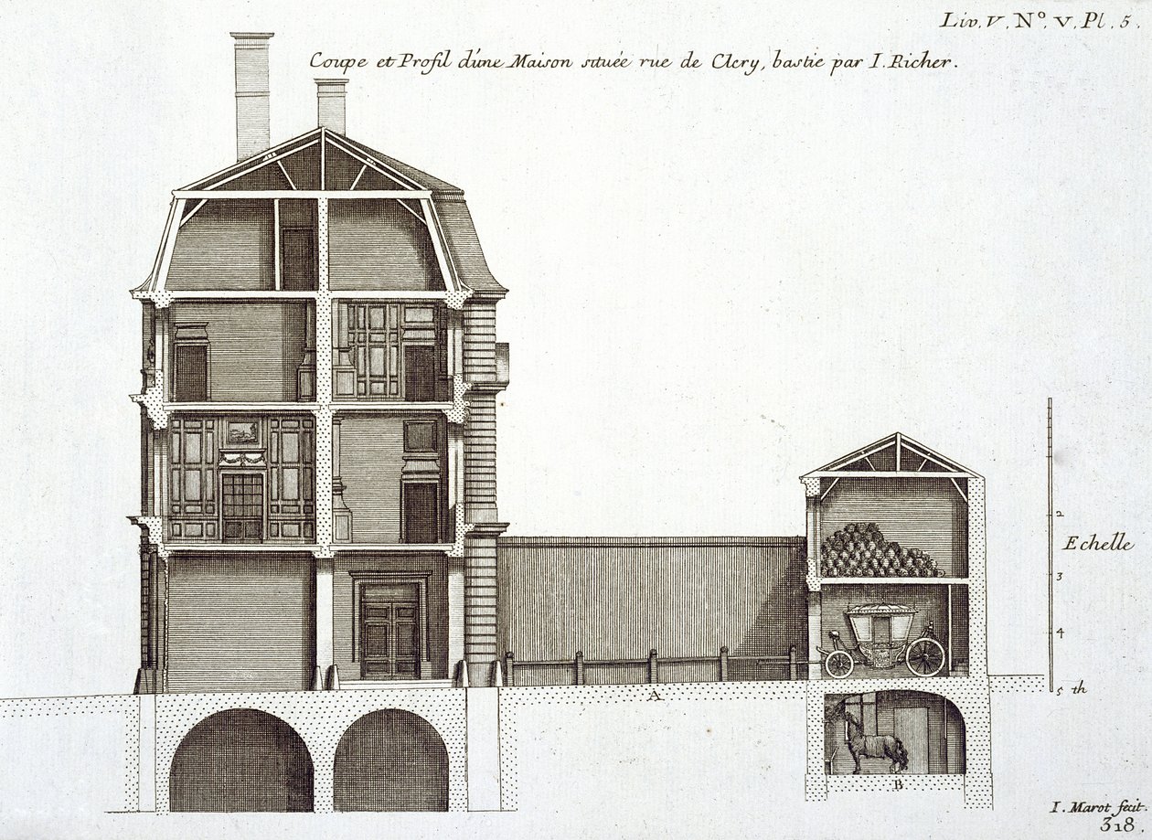 Cross-section of a House in rue de Clery, designed by Jean Richer, from 