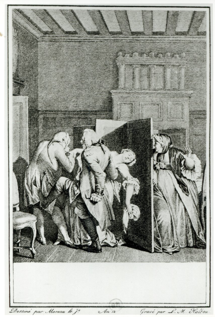 The Baron... saluted Candide with some notable kicks on the breech and drove him out of doors, illustration from chapter 1 of Candide by Francois Voltaire, engraved by Louis Michel Halbou by Jean Michel the Younger Moreau